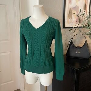 Chaps Cable Knit Sweater Womens M Green V-Neck Cotton Blend Long Sleeve